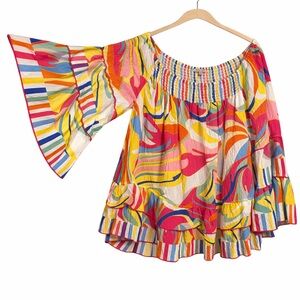 John Mark NWT Off Shoulder Rainbow Smocked Peasant Blouse Tiered 1X Boho Resort